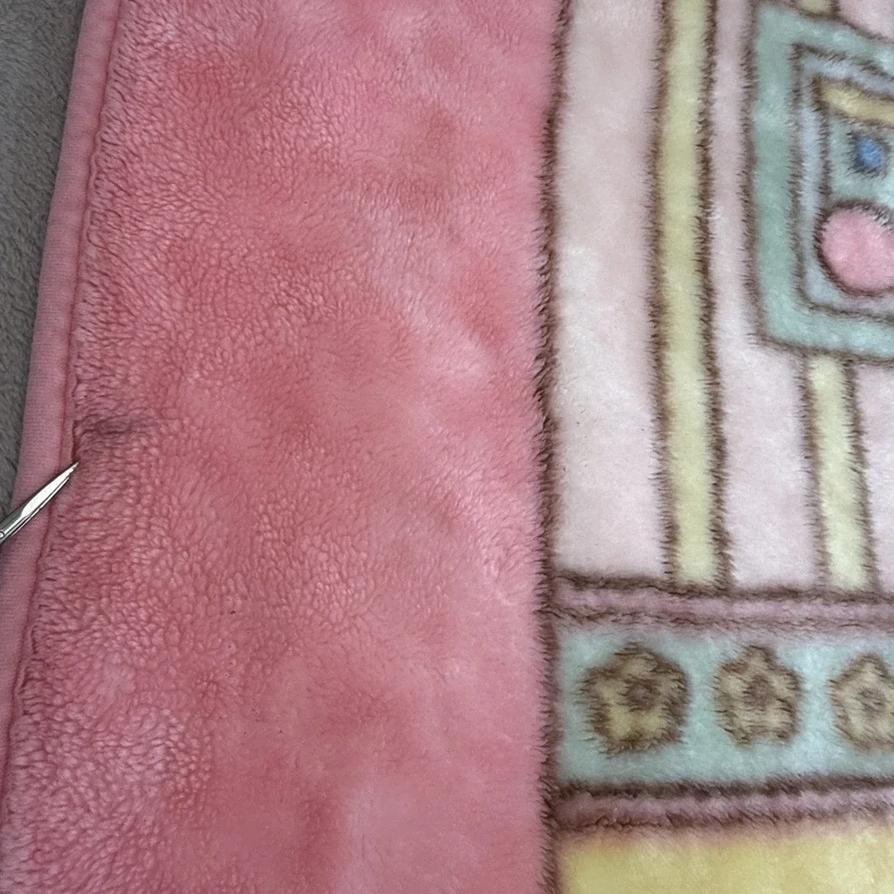Vtg Baby Blanket Teddy Bear Rocking Horse Chick Pink Mink Kawaii Plush Bow Korea
